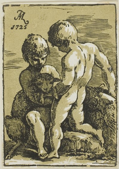 Duas crianças a acariciar um cordeiro de Conte Antonio Maria Zanetti the Elder