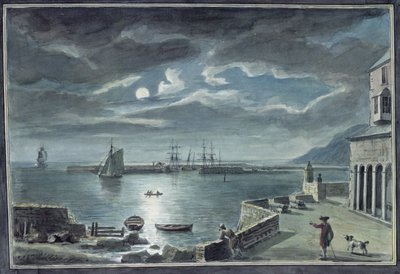 O porto e o Cobb, Lyme Regis, Dorset, pelo luar de Copplestone Warre Bamfylde