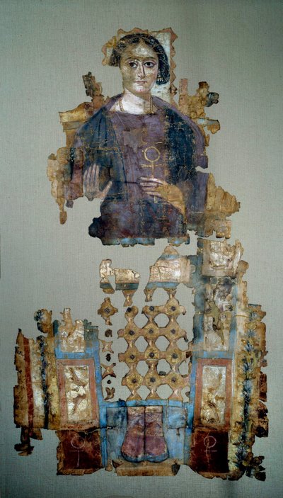 Arte copta: fragmento de manto de linho pintado retratando uma jovem mulher chamada a senhora uma cruz an seee. De Antinoupolis. Século IV d.C. Paris, Museu do Louvre de Coptic Coptic