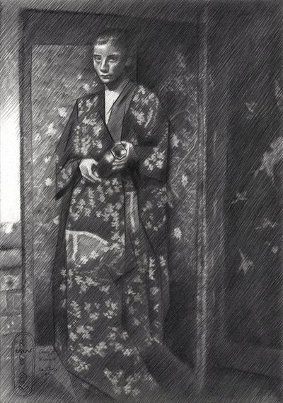 Mulher elegante vestida com um quimono japonês de Corné Akkers