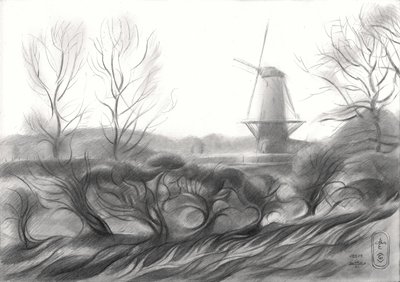 Desenho de um moinho de vento no inverno de Corné Akkers