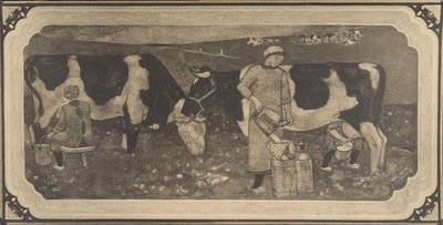 Fotoreprodução de desenho de desenho com mulheres camponesas e vacas para vitrais por Richard Roland Holst de Cornelis Albertus Deul