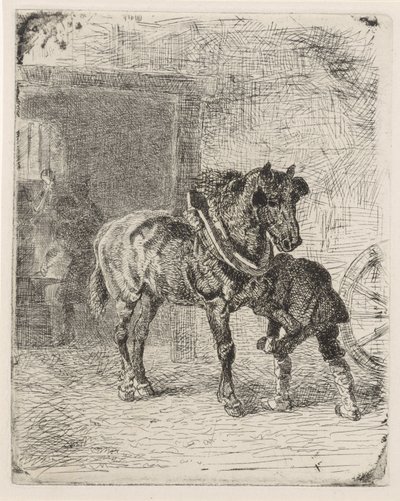 Cavalo recebe ferraduras numa forja de Cornelis Albertus Johannes Schermer