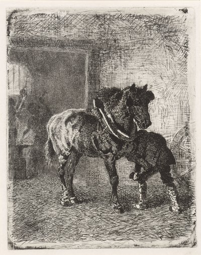 Cavalo recebe ferraduras em uma forja de Cornelis Albertus Johannes Schermer
