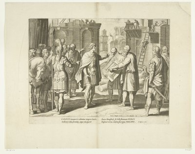 Karel V laat een klooster bouwen, 1555, nr. 8 Scenes uit het leven van Karel V (título da série) A vida do imperador Carlos V. em belíssimos entalhes, gravada nos desenhos do famoso A. Tempeste, por dois dos mais hábeis Mestres J. de Gein & de Cornelis Boel