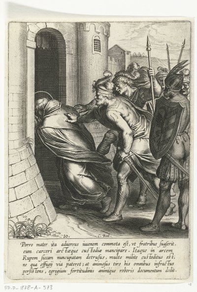 Thomas atravessa o portão da prisão A Vida de São Tomás de Aquino (título da série) de Cornelis Boel