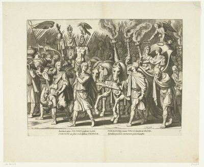 Triomfwagen van Karel V e Ferdinand, na de bevrijding van Wenen van de Turken, ca. 1532, nº. 7 Scenes uit het leven van Karel V (título da série) A vida do imperador Carlos V. em gravuras muito bonitas, gravadas nos desenhos do famoso A. Tempest de Cornelis Boel