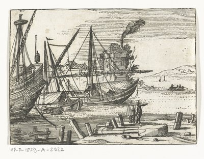 Vista do porto com dois veleiros e um galeão, dois homens em pé no cais Paisagens e Marines (título da série) de Cornelis Bol (attributed to)