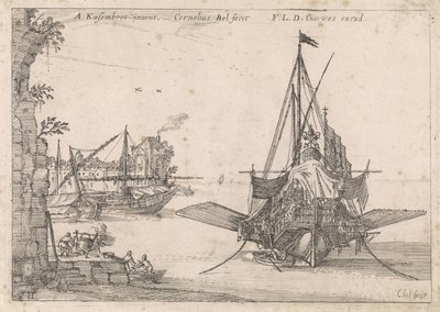 Galei está ancorado em uma baía Vistas do porto (título da série) de Cornelis Bol