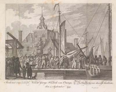Chegada do príncipe ferido Willem George Frederik em Rotterdam, 1793 Chegada de Z.D.H. Willem George Fredrik van Oranje, em Rotterdam, após seus ferimentos, 15 de setembro de 1793 (título no objeto) de Cornelis Brouwer