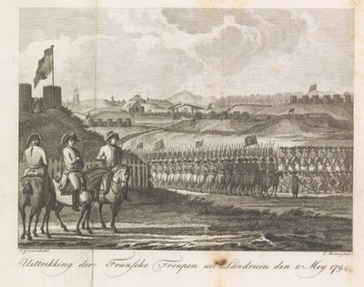 Tropas francesas deixando Landrecy, 1794 Extração do Troupen francês de Landrecies den 11 de maio de 1794 (título no objeto) de Cornelis Brouwer