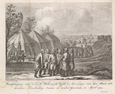 William V com seus filhos no acampamento do exército, 1794 Consulta de Z.D.H. Guilherme Quinto, no Exército do Estado, com Seus Serenes Filhos e Outros Generais, em abril de 1794 (título no objeto) de Cornelis Brouwer