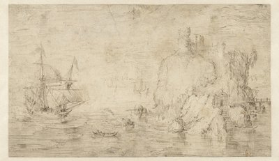 Paisagem marítima com um navio perto de uma ilha de Cornelis Claesz van Wieringen (attributed to)