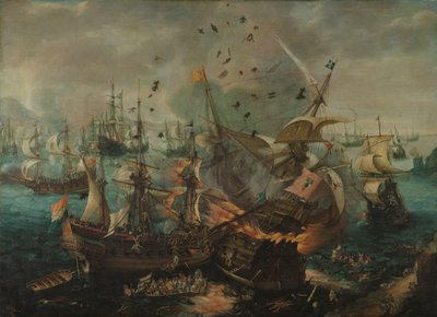 Batalha de Gibraltar em 1607
A explosão da bandeira espanhola durante a Batalha de Gibraltar, 25 de Abril de 1607 de Cornelis Claesz  van Wieringen
