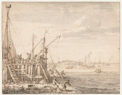 Molhe do porto com os pescadores a puxar nas suas redes de Cornelis Claesz  van Wieringen