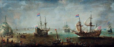 Marinha (óleo sobre madeira) de Cornelis Claesz  van Wieringen