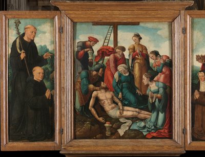 Tríptico com a Lamentação de Cristo (centro), ladeado pelo Doador masculino com São Bento (esquerda, ala interna) e Doador feminino com Santa Isabel da Turíngia (direita, ala interna) de Cornelis Cornelisz II Buys (attributed to)