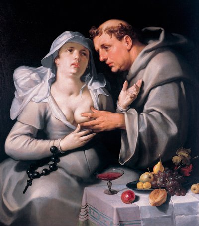 "Um monge e uma freira" (Um monge e uma freira) O monge acaricia o peito da freira - Pintura de Cornelis Cornelisz van Haarlem (1562-1638) de Cornelis Cornelisz. van Haarlem