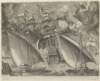 Duas galeras atrás de um mestre de três moças, no céu a queda de Phaëthon
Navios à vela (título da série) de Cornelis Cort (possibly)