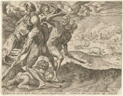 Hércules mata Geryon e o seu cão
Obras de Hércules (título da série) de Cornelis Cort