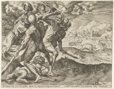 Hércules mata Geryon e o seu cão
Obras de Hércules (título da série) de Cornelis Cort