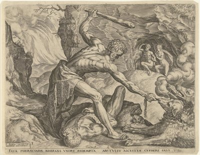 Hércules arrasta Cerberus para fora do inferno Trabalhos de Hércules (título da série) de Cornelis Cort