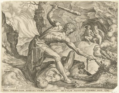 Hércules arrasta Cerberus para fora do inferno Trabalhos de Hércules (título da série) de Cornelis Cort