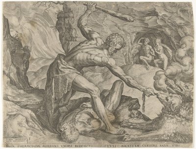 Hércules arrasta o Cerberus para fora do inferno
Obras de Hércules (título da série) de Cornelis Cort