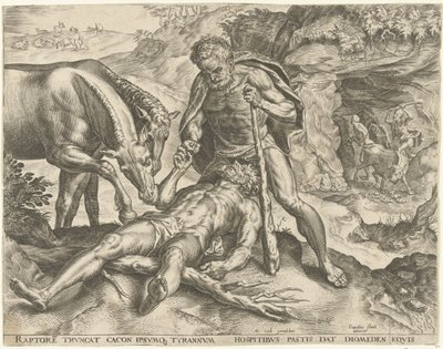 Hércules alimenta Diomedes para seus cavalos Trabalhos de Hércules (título da série) de Cornelis Cort