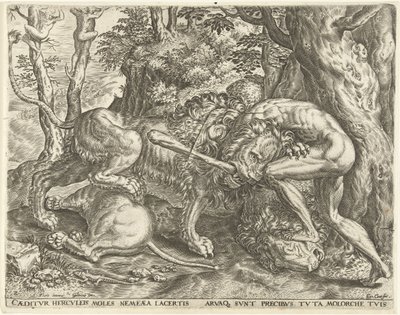 Hércules estrangula o leão Nemean
Obras de Hércules (título da série) de Cornelis Cort