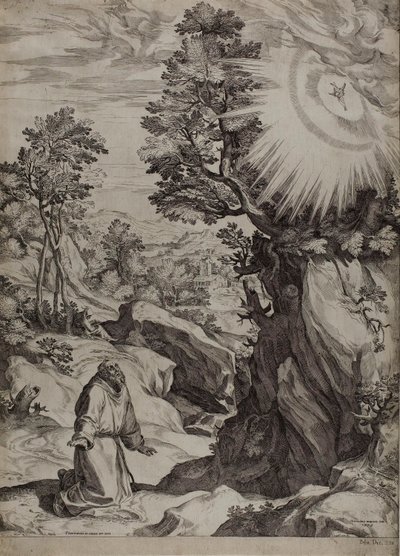 São Francisco penitente em uma grande paisagem de Cornelis Cort