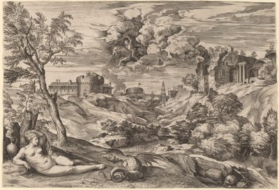 Paisagem com Roger Liberating Angelica de Cornelis Cort after Titian