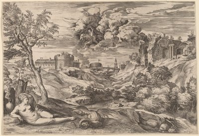 Paisagem com Roger Liberating Angelica de Cornelis Cort after Titian