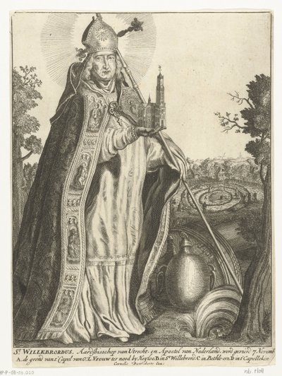 Saint Willibrord como arcebispo com modelo de igreja de Dom em Utrecht St. Willebrord (título no objeto) de Cornelis Danckerts (I)