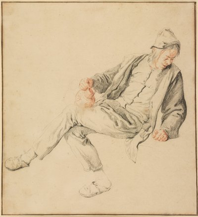 Um camponês sentado, olhando para baixo à direita, segurando um jarro de Cornelis Dusart