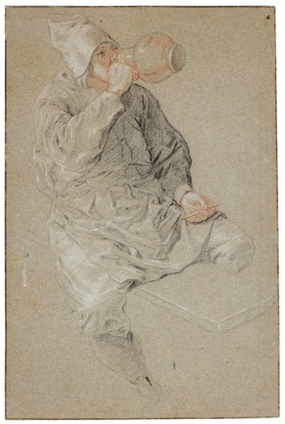 Um homem sentado a beber de um jarro de barro com um cachimbo na mão (giz sobre papel) de Cornelis Dusart