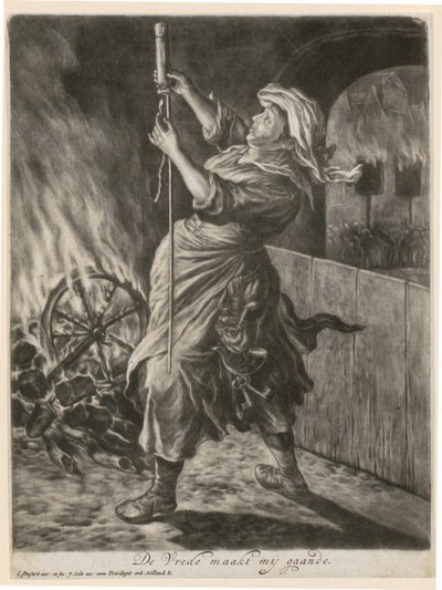 Uma mulher acende um foguete luminoso, estampa 5 da série «Alegria geral pelo cerco de Namur por Guilherme III, 1695» de Cornelis Dusart