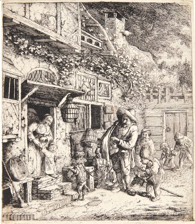 Homem com uma caixa de música e um cão a dançar de Cornelis Dusart