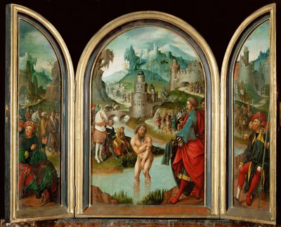 O profeta Elisa cura o capitão sírio Naeman da lepra nas águas do rio Jordão (pintura sobre madeira de carvalho) de Cornelis Engebrechtsz