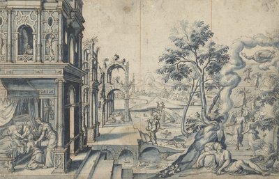 Jacob recebe a bênção de Isaac; a escada de Jacob de Cornelis Floris (II)