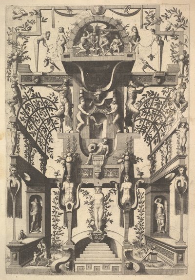 Fantástica Estrutura arquitetônica com Strapwork e Duas Pérgulas e uma Pequena Cena com Vu..., 1557. de Cornelis Floris Ii