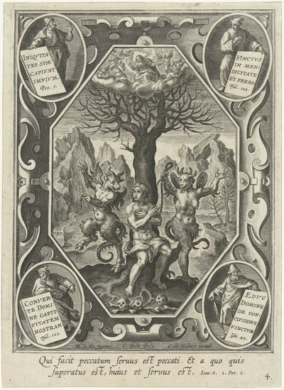 Um jovem é acorrentado a uma árvore por dois demônios de Cornelis Galle (I)