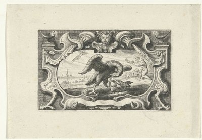 Vinheta mostrando o pelicano a alimentar as suas crias com o seu próprio sangue de Cornelis Galle (II) (attributed to)