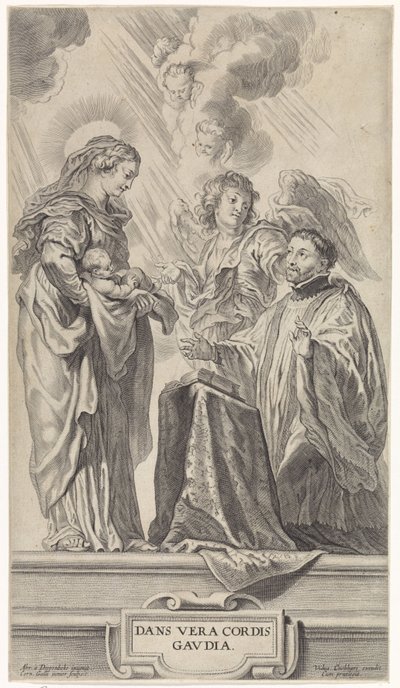 Um santo desconhecido (Inácio de Loyola?) ajoelha-se diante de Maria grávida de Cornelis Galle (II)