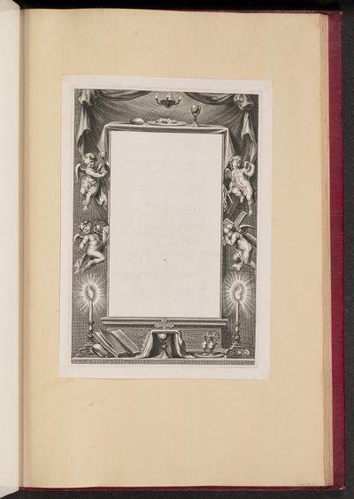 Ilustração de fronteira com Putti segurando os atributos da paixão de Cornelis Galle I