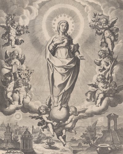 A Virgem na Glória, de pé sobre as nuvens e rodeada de anjos segurando os símbolos..., 1595-1633. de Cornelis Galle I