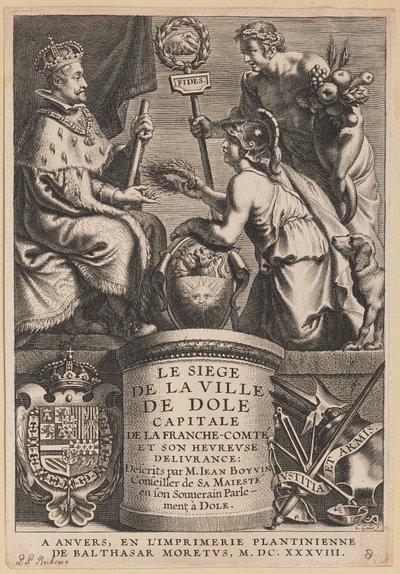 Página de título para Jean Boyvin, O cerco da cidade de Dole de Cornelis Galle I after Erasmus Quellinus II after Sir Peter Paul Rubens