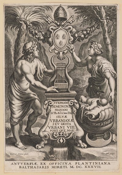 Página de rosto para Stephanus Simonini, Silvae Urbaninae de Cornelis Galle I after Sir Peter Paul Rubens
