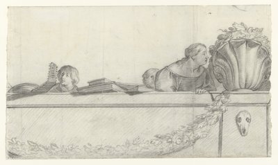 Pessoas em uma balaustrada com festões Desenhos para pinturas murais no Castelo de Honselaersdijk (título da série) de Cornelis Holsteyn