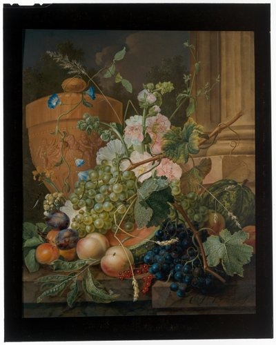 Natureza-morta de frutos e flores com uma urna de terracota sobre um parapeito de Cornelis Johannes Schaalje